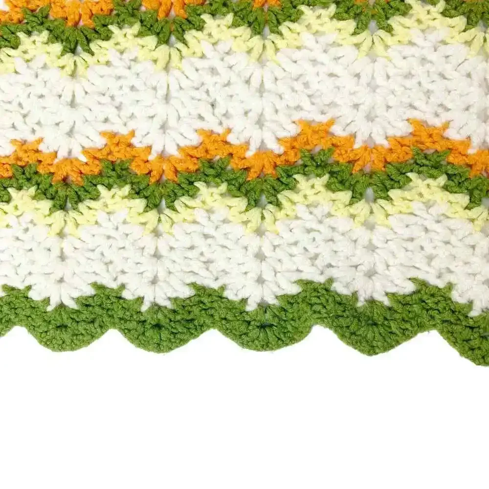 Handmade Crochet Afghan Throw Blanket Green Orange Cream Shell Stitch Scalloped